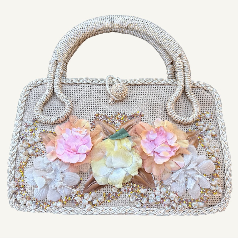 Vintage Raffia Straw Handbag Floral Shell Applique Japan 50s 60s - Picture 11 of 11